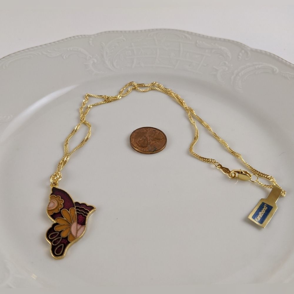 Vintage Cloisonne Butterfly 14k GP 18" Necklace 90s Deadstock